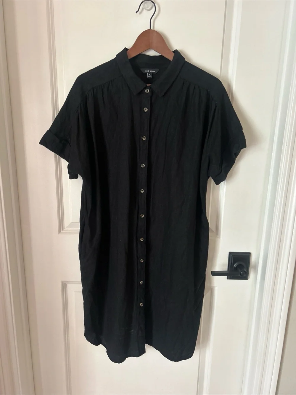 Well Worn Dress XL Black Linen Blend S/S Button Front Minimalist Capsule Travel